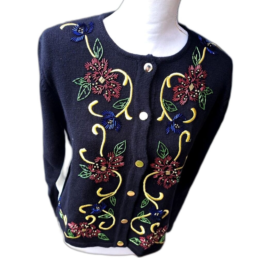 Beautiful Petite SM Joan Leslie knitted Looped Holiday beaded Cardigan Sweater